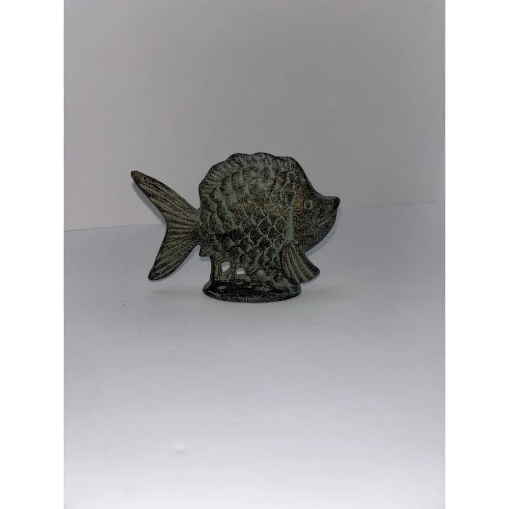 Vintage Solid Cast Iron Fish Figure Paperweight Green Gold Nautical Decor